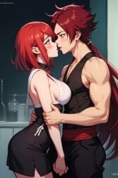 1boy1girl against_wall femdom grabbing_crotch kissing red_hair