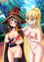 2girls bbmbbf blush breasts darkness_(konosuba) dildo female female/female female_only kono_subarashii_sekai_ni_shukufuku_wo! megumin multiple_girls nipples nude palcomix pussy sex_toy teeth toon.wtf yuri