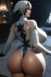 1girls 3d ai_generated arlecchino_(genshin_impact) bedroom curvy dumptruck_ass female_focus female_only from_behind from_behind_position huge_ass huge_breasts large_ass looking_at_viewer looking_back pov red_eyes slanted_eyes white_hair wide_hips