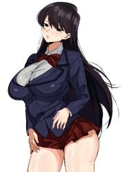 1girls absurdres ass big_breasts black_eyes black_hair blazer blush breasts celyn404 female highres jacket komi-san_wa_komyushou_desu komi_shouko large_breasts long_hair looking_at_viewer no_legwear parted_lips pleated_skirt school_uniform simple_background skirt solo white_background