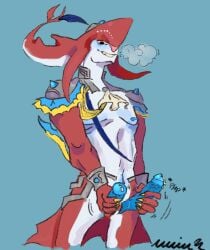 anthro breath_of_the_wild diphallia diphallism masturbation multi_genitalia multi_penis non-human penis precum royalty shark sidon sidon_(zelda) zora