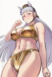 1girls abs animal_ears bikini breasts clenched_fist clenched_hand female female_focus female_only gold_bikini gold_ship_(umamusume) gold_swimsuit golden_bikini golden_swimsuit hat horse_ears horse_girl huge_breasts jei_games kemonomimi light-skinned_female light_skin long_hair pink_eyes simple_background swimsuit umamusume umamusume_pretty_derby white_background