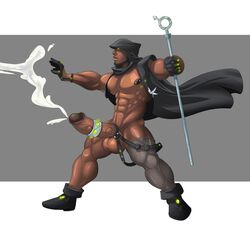 1boy bara black_mage cloak cum cum_explosion dark_skin full_length glowing glowing_eyes human kartos mage magician male male_only muscle muscles muscular pecs rod solo staff wand