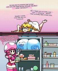 alternate_version_available biting_lip breast_expansion breast_milking cake chabble cheese comic fridge lactation lactation mario_(series) melon milk nipples partial_possession princess_peach soda_can superman_(series) text toadette unaware