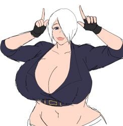 angel_(kof) belt belt_buckle big_breasts blue_eyes breasts breasts_bigger_than_head eyelashes finger_pointing fingerless_gloves gloves hair_over_one_eye hourglass_figure jacket king_of_fighters large_breasts latex leather leather_jacket lips mexican mexican_female momiji_(artist) navel pointing_up posing short_hair smiling smiling_at_viewer solo solo_female white_hair