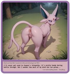 ai_generated animal_genitalia animal_pussy anus canine_genitalia canine_pussy eeveelution espeon female feral frown generation_2_pokemon genitals hi_res hybrid_genitalia looking_at_viewer looking_back nonimousmate nonimousmate outside pokemon_(species) pussy raised_tail solo standing telekinesis