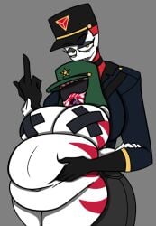 2girls belly big_belly big_breasts bra breasts chubby countryhumans countryhumans_girl countryhumans_oc ech0chamber echo_chamber(ech0chamber) evil_smile expansion fat female female_only grabbing_breast hand_on_breast hat hyper inflation japanese_empire_(countryhumans) knife looking_at_viewer menacing military_hat multiple_girls original_character scared size_difference skindentation text threatening yuri