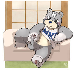 1boy animal_crossing anthro balls bear bottomless clothed clothes curt_(animal_crossing) half-dressed humanoid_penis male male_only mammal marshtompkd masturbation nintendo penis sofa solo uncut video_games