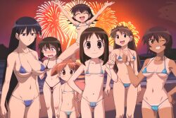 ai_generated aizumanga azumanga_daiou chiyo_chichi chiyo_mihama embarrassed expressionless fireworks happy huge_breasts jumping kagura_(azumanga_daiou) kaorin koyomi_mizuhara medium_breasts micro_bikini multiple_girls new_year new_year_2025 osaka_ayumu_kasuga sakaki small_breasts tan tanlines tomboy tomo_takino v_sign