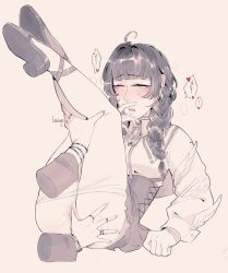 2girls absurdres ahoge bracelet braid clitoral_hood clothes_pull collared_shirt dove_(path_to_nowhere) fingering half-closed_eyes hand_on_another's_leg heart highres jewelry korichi_celeste legs_up long_sleeves monochrome multiple_girls multiple_rings open_mouth pantyhose pantyhose_pull path_to_nowhere pussy pussy_juice pussy_juice_on_fingers ring shirt skirt speech_bubble spoken_heart sweat twin_braids uncensored vautour_bleu_(path_to_nowhere) yuri