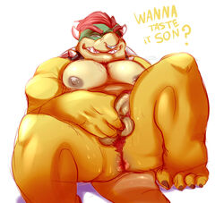 1boy ? anthro anus areola ass balls barefoot biceps bowser claws dragon english_text facial_piercing glitter_trap_boy hairy horn hybrid king koopa looking_at_viewer male male_only mario_(series) masculine_male muscles nintendo nipples nose_piercing nose_ring nude pecs penis piercing presenting presenting_hindquarters pubes question reptile royalty scalie septum_piercing sharp_teeth simple_background sitting smile solo spread_legs spreading squint teeth text toe_claws turtle video_games white_background