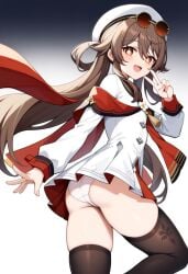 ai_generated alternate_costume ass ass_focus bare_shoulders blush brown_eyes brown_hair dress female from_behind from_below genshin_impact hat hu_tao_(cherries_snow-laden)_(genshin_impact) hu_tao_(genshin_impact) leaning leaning_forward long_hair looking_at_viewer looking_back official_alternate_costume open_mouth panties scarf short_dress smile solo sunglasses sunglasses_on_head thick_thighs thighhighs twintails upskirt very_long_hair