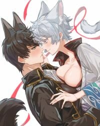 1boy 1girls big_breasts blush breast_press canon_genderswap cat_ears cat_tail catgirl cleavage dog_boy dog_ears dog_tail female fully_clothed genderswap_(mtf) ginko_sakata gintama gintoki_sakata hijikata_toshiro kemonomimi male police_uniform profile rule_63 setmenu shinsengumi_(gintama) short_hair side_view smile very_short_hair white_hair