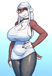 ai_generated anthro blue_eyes breasts_bigger_than_head brown_fur cleavage female_focus female_only furry furry_female furry_focus furry_only giant_breasts hands_on_hips hybrid hyper_breasts leggings_topwear long_hair mature_female mile milf mother side_boob straight_hair tight_clothing two-tone_body white_fur white_hair