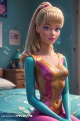 , 1girls ai_generated artist_name barbara_millicent_roberts barbie_(franchise) bed bedroom blonde_hair blue_eyes blurry blurry_background bodysuit breasts covered_navel disney hi_res indoors lamp leotard lips long_hair looking_at_viewer makeup mole mole_under_eye nose on_bed parted_lips pixar ponytail progenarts scrunchie sitting small_breasts solo toy_story toy_story_2 web_address yellow_leotard