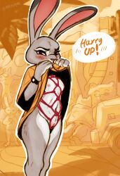 akoshak anthro biped breasts clothing detailed_background dialogue disney eyebrows female fingers fur genitals grey_body grey_fur group judy_hopps lagomorph leporid looking_at_viewer mammal navel pupils purple_eyes pussy rabbit small_breasts solo_focus standing zootopia