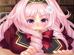 blush book bowtie breasts censored drill_hair fellatio female flower game_cg hair_flower hairband hairjob highres hime_jiru huge_breasts long_hair looking_at_viewer mitsurugi_himeko mosaic_censoring ogin_bara oral penis pink_hair purple_eyes school_uniform solo_focus