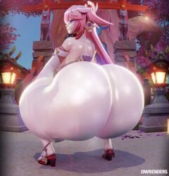 1girls 3d 3d_(artwork) ass clothed clothed_female dwrenders female female_only full_body genshin_impact huge_ass long_hair looking_at_viewer looking_back pink_hair solo solo_female squatting yae_miko