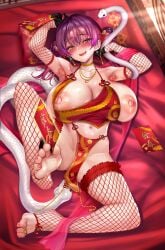 absurdres barefoot chinese_new_year feet female fishnet_thighhighs fishnets heterochromia highres hololive houshou_marine jagoo navel nipples open_mouth panties red_eyes red_hair red_panties revealing_clothes see-through_clothes short_hair snake soles thighhighs toes underwear virtual_youtuber white_snake yellow_eyes