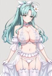 1girls ai_generated blush breasts camelot closed_mouth cyan_eyes cyan_hair female golden_eyes golden_sun legwear lingerie looking_at_another mia_(golden_sun) navel nintendo panties ponytail ribbon solo tiara