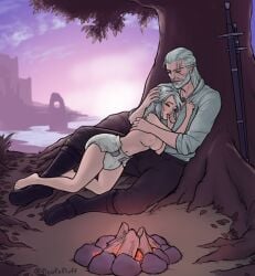 ass breasts campfire ciri closed_eyes diaper father_and_daughter female floofnfluff geralt_of_rivia light-skinned_female light-skinned_male male nipples pubic_hair pussy scar sleeping spread_legs sword the_witcher_(series) the_witcher_3:_wild_hunt thumb_sucking white_hair witcher_medallion