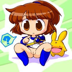 arle_nadja armor artist_request blush boots bottomless brown_eyes brown_hair carbuncle_(puyo_puyo) chibi compile female hyper_eyes madou_monogatari navel ponytail pussy puyo_puyo puyo_puyo_fever sega shoulder_pads tied_hair uncensored wristband