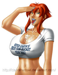 after_sex breasts cartoon_network clothes_writing crop_top cum cum_drip cum_on_breasts dark-skinned_female dark_skin female green_eyes kiva_andru large_breasts lipstick megas_xlr open_mouth red_hair salute short_hair simple_background solo thedarkness tongue tongue_out toonami white_background