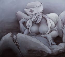 breasts drooling duo female human mammal monochrome monster nipples nurse nurse_(silent_hill) open_mouth saliva schism_(silent_hill) sensual silent_hill silent_hill_homecoming tinyfaceart