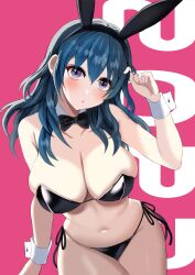 1girls :o alternate_costume alternate_version_available animal_ears bikini black_bikini black_swimsuit blue_eyes blue_hair blush bow bowtie breasts bunny_ears bunny_girl bunnysuit byleth_(fire_emblem) byleth_(fire_emblem)_(female) cleavage detached_collar fake_animal_ears fire_emblem fire_emblem:_three_houses hair_between_eyes highres large_breasts long_hair looking_at_viewer medium_hair nintendo nontraditional_playboy_bunny open_mouth rabbit_ears solo swimsuit tail tara_(szzj7733) teal_hair tie wrist_cuffs year_of_the_rabbit