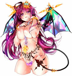 ahoge between_breasts bracelet breast_squeeze breasts chains cowboy_shot crown highres jewelry jewelry_between_breasts large_breasts long_hair nipples original pink_hair purple_eyes pussy_juice red_disappointment tail tattoo tribal_tattoo wings