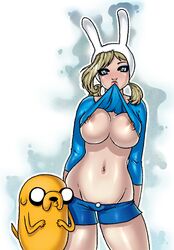 1boy 1girls adventure_time alternate_hairstyle animal_ears animal_hood areola asymmetrical_hair blonde_hair blue_eyes breasts bunny_ears bunny_hood bunnygirl busty canine cartoon_network cleavage cuteemmy eyeliner eyeshadow female fionna_the_human_girl jake_the_dog large_breasts looking_at_viewer makeup male mouth_hold navel nipples no_bra shirt_lift short_shorts short_twintails shorts tied_hair twintails voluptuous