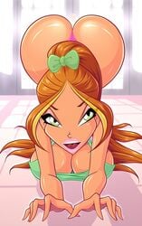 1girls 4kids_entertainment all_fours ass ass_up big_ass big_breasts breasts brown_hair cleavage eyeshadow female flora_(winx_club) green_eyes large_breasts lipstick long_hair looking_at_viewer makeup nickelodeon open_mouth panties pigtail pointy_chin rainbow_(animation_studio) solo tan teenager thong tongue winx_club zfive