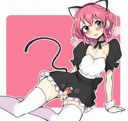 1boy animal_ears arm_support blush braid breath cat_tail crossdressing erection fake_animal_ears femboy frilled_skirt frilled_sleeves frills girly leona_west lying male motsu_aki no_panties penis penis_ribbon pink_background pink_hair pripara puffy_sleeves purple_eyes ribbon short_sleeves simple_background skirt skirt_set sweat sweatdrop tail thighhighs tied_hair trap two_tone_background white_background white_legwear wrist_cuffs