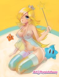 1girls 2others babydoll blonde_hair blue_eyes blue_legwear breasts clothes crown earrings female female_focus full_body hair hair_over_one_eye human kneeling large_breasts long_hair looking_at_viewer luma mario_(series) navel necklace nintendo nipples panties popsiclebunny princess_rosalina puckered_lips seiza solo_focus star super_mario_galaxy thighhighs underwear wand