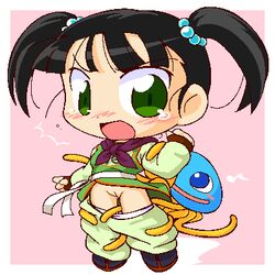 black_hair blush chibi clothing dragon_quest dragon_quest_iii female fighter_(dq3) green_eyes hair_bobbles hair_ornament healslime lowres open_mouth pussy sggg short_hair short_twintails slime slime_(dragon_quest) solo tentacle tied_hair twintails uncensored