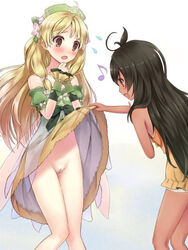 2girls assisted_exposure atelier_(series) atelier_ayesha ayesha_altugle bare_shoulders blonde_hair blush brown_eyes brown_hair dress dress_lift embarrassed flower flying_sweatdrops green_dress green_skirt hair_flower hair_ornament long_hair looking_at_pussy multiple_girls musical_note n.g. no_panties nude_filter open_mouth photoshop pussy skirt smile standing surprised sweatdrop tanya_folta tanya_volta uncensored underwear white_background wrist_cuffs yellow_dress yellow_skirt