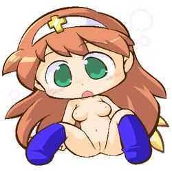 artist_request bikkuriman blush boots breasts brown_hair chibi cross female green_eyes hair_ornament hairband hyper_eyes juujika_tenshi long_hair navel nipples nude open_mouth pussy solo tagme uncensored wings