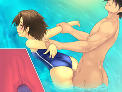 arm_grab ass back bare_shoulders blush brown_hair censored clothed_female_nude_male clothes_in_pussy female flat_chest forced_in_by_cock forced_in_fabric highres legs looking_away mosaic_censoring one-piece_swimsuit orange_eyes penetration penetration_through_clothes penis pool saliva sex sex_through_clothes shiny shiny_skin short_hair solo_focus swimsuit thighs through_clothes vaginal_penetration water x-ray yoko_jyusuke