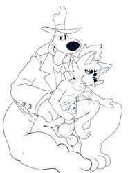 age_difference balls big_dom_small_sub black_and_white bottomless canine cum cumshot domination duo ejaculation erection eroborus formal fox hat humanoid_penis kitsune_(ero) line_art looking_pleasured male mammal masturbation monochrome on_lap one_eye_closed open_mouth orgasm penile_masturbation penis sam_(sam_and_max) sitting size_difference slightly_chubby straining sweat thick_thighs tongue tongue_out yaoi