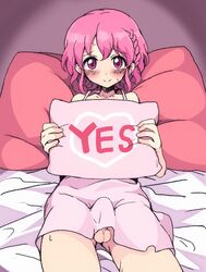 1boy androgynous balls bed_sheet blush braid crossdressing dress embarrassed erection erection_under_clothes femboy girly leona_west looking_at_viewer lying male male_only motsu_aki penis penis_under_dress pillow pink_hair pripara purple_eyes smile solo sundress sweat sweatdrop testicles tied_hair wholesome yes-no_pillow