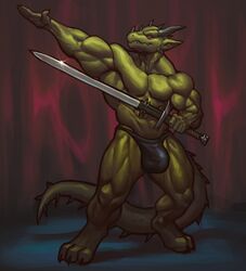 1boy 2015 abs anthro armpits balls barefoot biceps big_muscles blazingifrit claws digitigrade dragon fangs full-length_portrait full_length green_skin horn lizard looking_at_viewer male male_only manly muscles navel pecs portrait pose raised_arm red_eyes reptile ripped scalie solo standing sword toe_claws toned varanis_blackclaw vein weapon