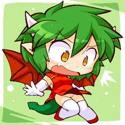 artist_request blush chibi cute_fang draco_centauros dragon_tail dragon_wings female green_hair horns lowres madou_monogatari no_panties pointy_ears pussy puyo_puyo puyo_puyo_fever shino_(pixiv) short_hair solo tagme tail uncensored wings yellow_eyes