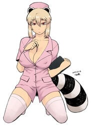 animal_ears araiguma-san between_breasts blonde_hair breasts cleavage clitoris erect_nipples expressionless female full_body hat kneeling large_breasts looking_at_viewer no_panties no_shoes nurse nurse_cap object_between_breasts original pink_legwear pubic_hair raccoon_ears raccoon_tail red_eyes short_hair simple_background solo tail thermometer thighhighs tsukudani_(coke-buta)