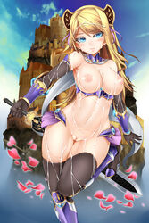 areolae black_legwear blonde_hair blue_eyes blush breasts bukkake castle cum cum_on_body cum_on_breasts cum_on_clothes cum_on_hair cum_on_upper_body facial female greaves hair_ornament large_breasts long_hair looking_away navel nipples oni-noboru original petals pussy reverse_grip sky solo sword thigh_gap thighhighs uncensored vambraces weapon