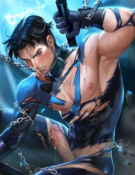 1boy abs batman_(series) black_hair bodysuit chains dc dc_comics dick_grayson erection escrima_stick gloves gradient_background human male male_only nightwing penis sakimichan short_hair skin_tight solo toned torn_clothes uncensored watermark