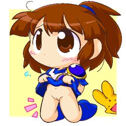 arle_nadja armor artist_request blush boots brown_eyes brown_hair carbuncle_(puyo_puyo) chibi compile female hyper_eyes madou_monogatari navel ponytail pussy puyo_puyo puyo_puyo_fever sega shoulder_pads skirt tied_hair uncensored wristband