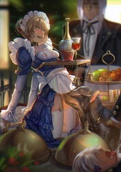 alcohol ankle_cuffs apron artoria_pendragon blonde_hair blush bondage canine collar cuffs cunnilingus cup doberman dress fate_(series) female garter_belt green_eyes kneeling licking long_hair long_sleeves maid maid_headdress mouth_hold nippleless_bra nipples oral ponytail puffy_sleeves pussy restrained rolling_eyes saber saber_01 solo_focus tears thighhighs tied_hair tray white_legwear wine wine_bottle wine_glass zoophilia