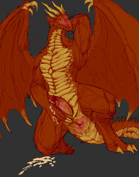 2015 anus blush claws cum cum_on_ground custapple dragon dungeons_and_dragons fangs horn humanoid_penis male male_only masturbation muscles penis red_dragon_(d&d) scalie solo wings