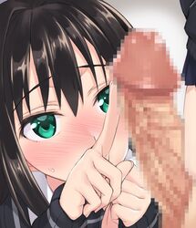 1boy 1girls blush brown_hair cardigan censored close-up female green_eyes highres human idolmaster idolmaster_cinderella_girls matsuryuu mosaic_censoring nose_blush out_of_frame penis penis_awe penis_poke poking school_uniform shibuya_rin skirt solo_focus straight sweatdrop tsurime