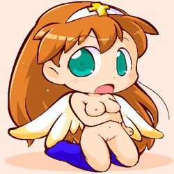 artist_request bikkuriman blush boots breasts brown_hair chibi cross female green_eyes hair_ornament hairband hyper_eyes juujika_tenshi long_hair navel nipples nude open_mouth pussy solo tagme uncensored wings